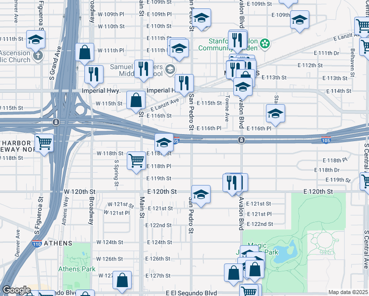map of restaurants, bars, coffee shops, grocery stores, and more near 245 East 118th Street in Los Angeles