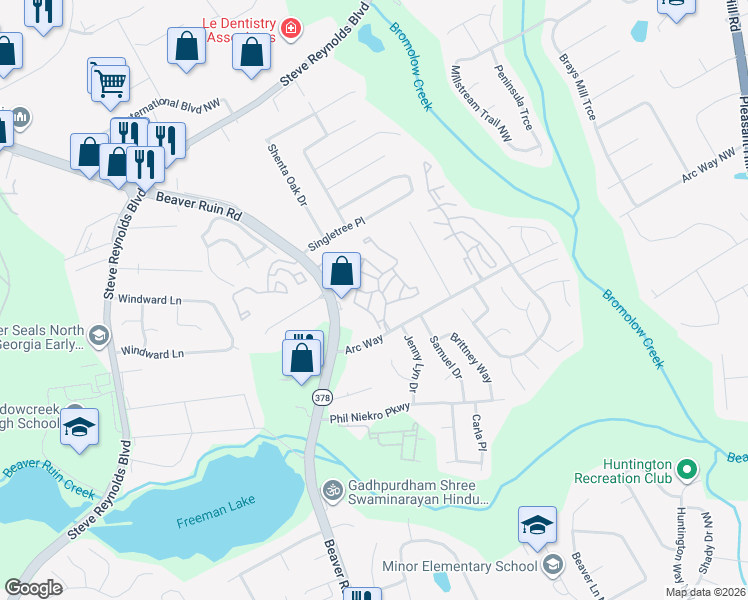 map of restaurants, bars, coffee shops, grocery stores, and more near 1300 Beaver Ruin Road in Norcross