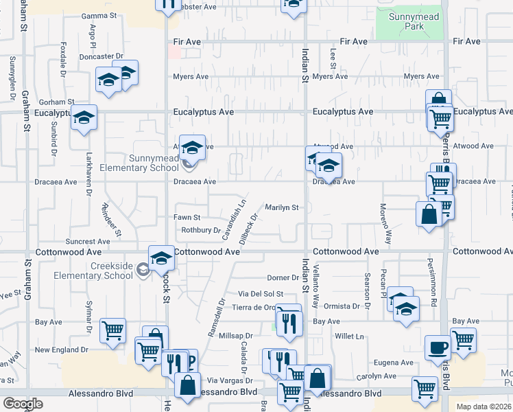 map of restaurants, bars, coffee shops, grocery stores, and more near 13349 Dilbeck Drive in Moreno Valley