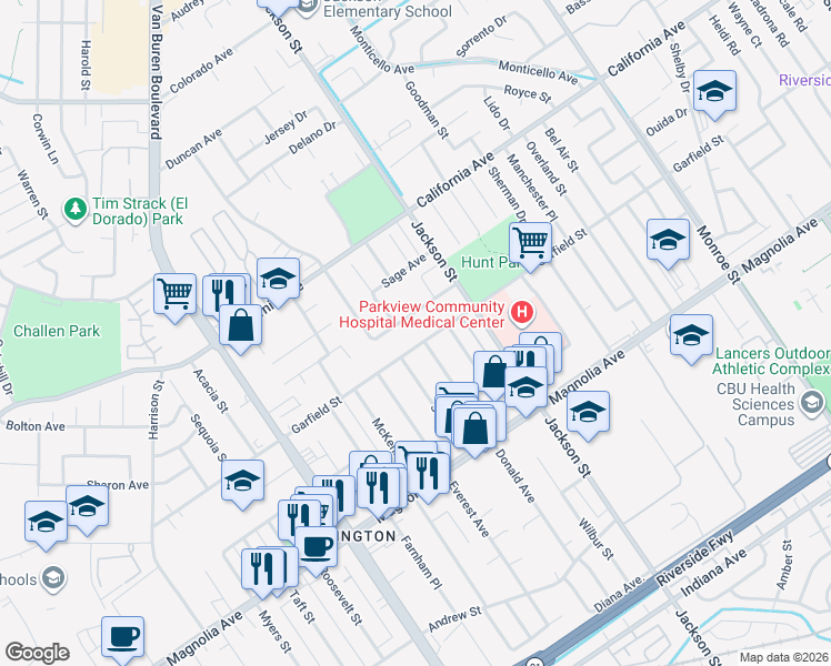 map of restaurants, bars, coffee shops, grocery stores, and more near 9205 Garfield Street in Riverside