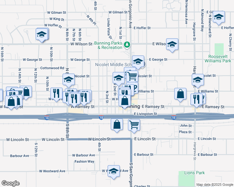 map of restaurants, bars, coffee shops, grocery stores, and more near 170 West Williams Street in Banning