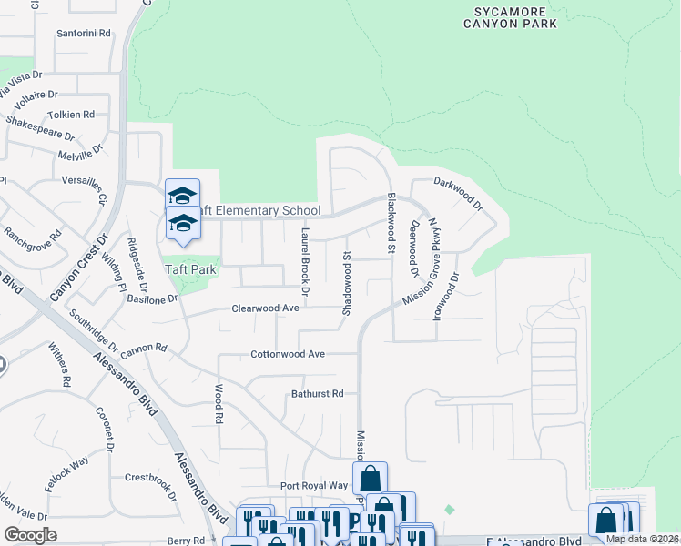 map of restaurants, bars, coffee shops, grocery stores, and more near 6815 Shadowood Street in Riverside