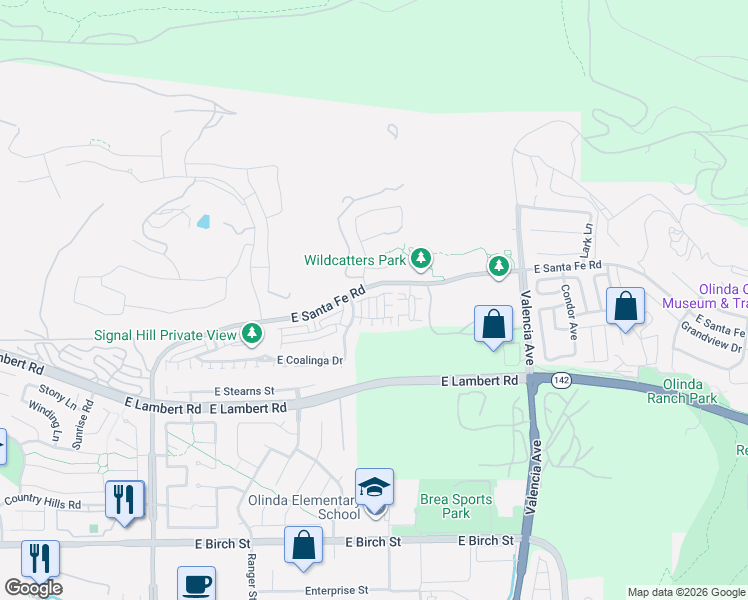 map of restaurants, bars, coffee shops, grocery stores, and more near 460 Aera Court in Brea