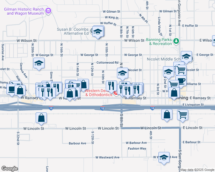 map of restaurants, bars, coffee shops, grocery stores, and more near 992 West Williams Street in Banning