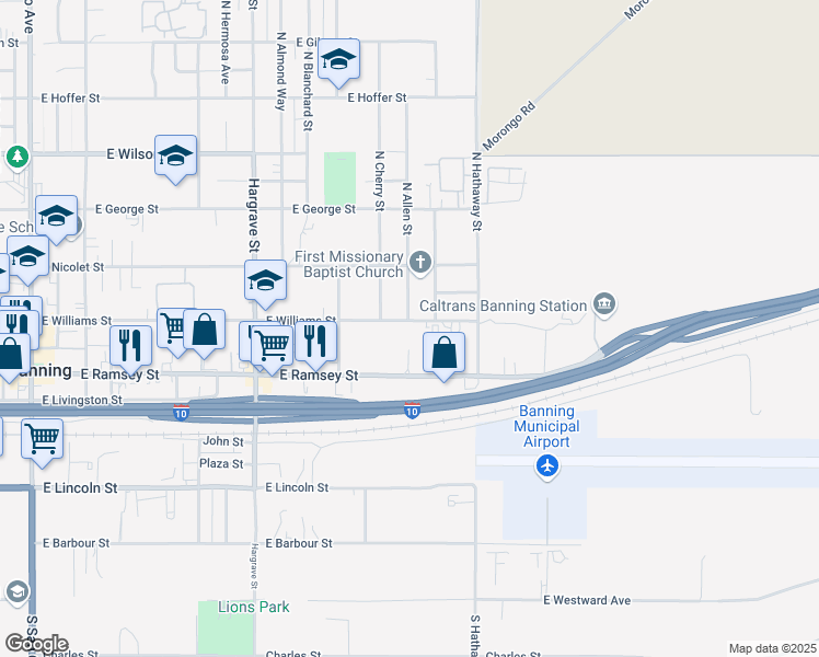 map of restaurants, bars, coffee shops, grocery stores, and more near 1350 East Williams Street in Banning