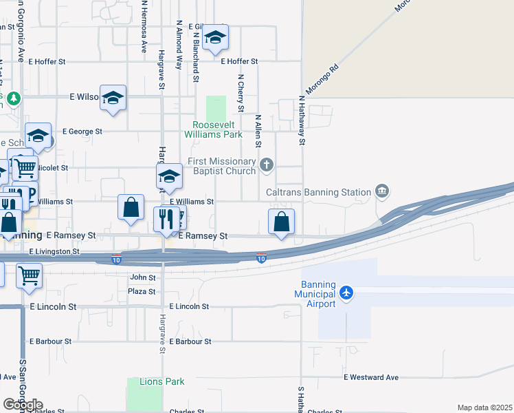 map of restaurants, bars, coffee shops, grocery stores, and more near 1350 East Williams Street in Banning