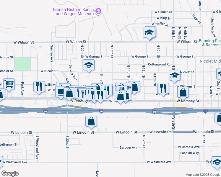 map of restaurants, bars, coffee shops, grocery stores, and more near 1668 West Williams Street in Banning