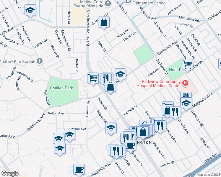 map of restaurants, bars, coffee shops, grocery stores, and more near 9404 California Avenue in Riverside
