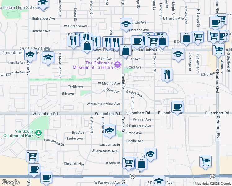 map of restaurants, bars, coffee shops, grocery stores, and more near 200 West Olive Avenue in La Habra