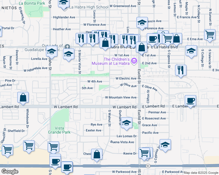 map of restaurants, bars, coffee shops, grocery stores, and more near 519 South Walnut Street in La Habra