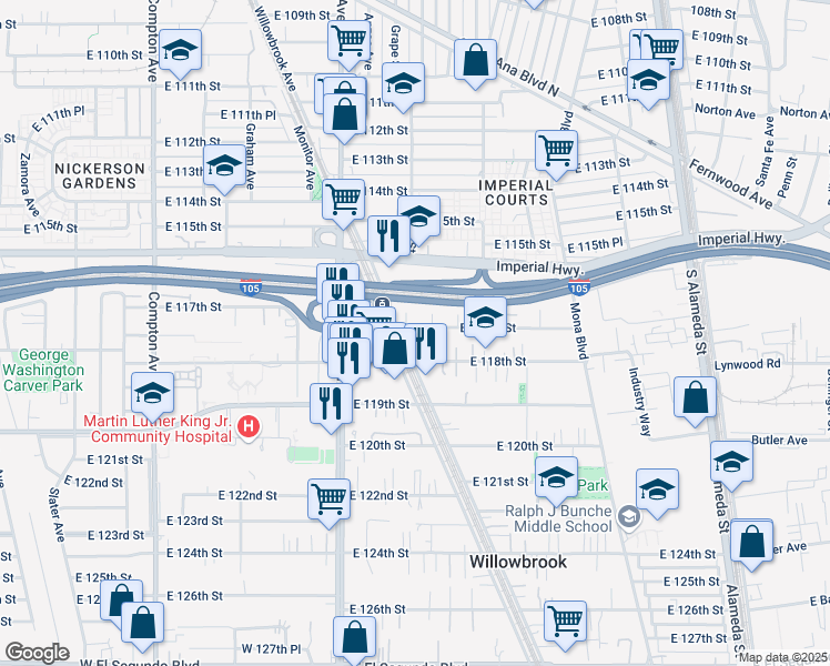 map of restaurants, bars, coffee shops, grocery stores, and more near 2022 East 117th Street in Los Angeles