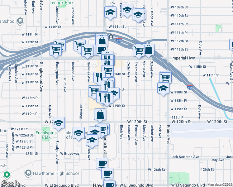 map of restaurants, bars, coffee shops, grocery stores, and more near 11813 Acacia Avenue in Hawthorne