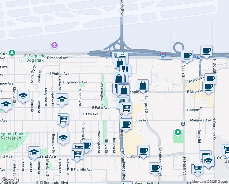 map of restaurants, bars, coffee shops, grocery stores, and more near in El Segundo