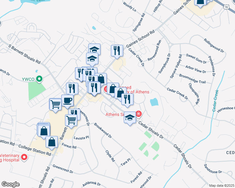 map of restaurants, bars, coffee shops, grocery stores, and more near 131 Barrington Drive in Athens