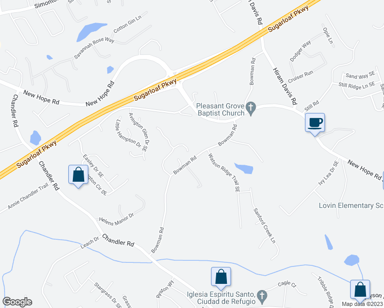 map of restaurants, bars, coffee shops, grocery stores, and more near 1161 Thomas Daniel Way in Lawrenceville