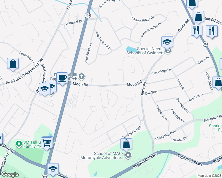 map of restaurants, bars, coffee shops, grocery stores, and more near 614 Fernstone Trail in Lawrenceville