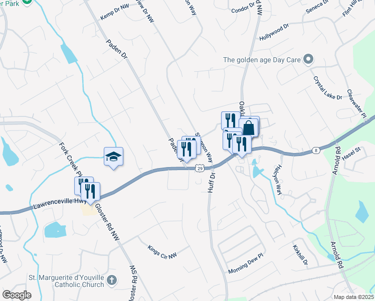 map of restaurants, bars, coffee shops, grocery stores, and more near 274 Paden Cove Trail in Lawrenceville