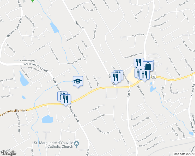 map of restaurants, bars, coffee shops, grocery stores, and more near 2491 Dublin Court in Lawrenceville