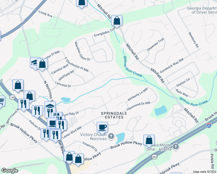 map of restaurants, bars, coffee shops, grocery stores, and more near 2400 Anamanda Close in Norcross