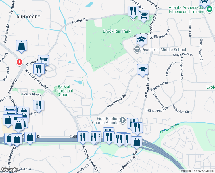 map of restaurants, bars, coffee shops, grocery stores, and more near 909 Dunbar Drive in Dunwoody