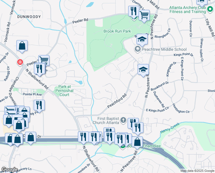 map of restaurants, bars, coffee shops, grocery stores, and more near 909 Dunbar Drive in Dunwoody