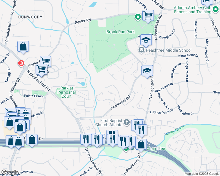 map of restaurants, bars, coffee shops, grocery stores, and more near 909 Dunbar Drive in Dunwoody