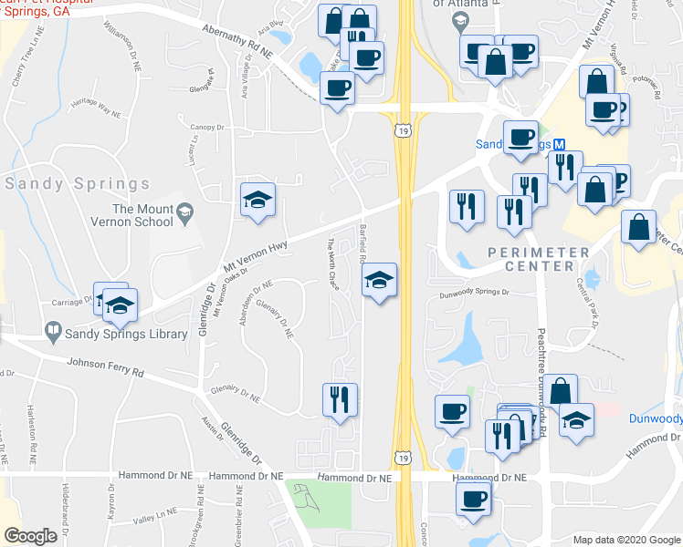 map of restaurants, bars, coffee shops, grocery stores, and more near 440 The Chace Northeast in Sandy Springs