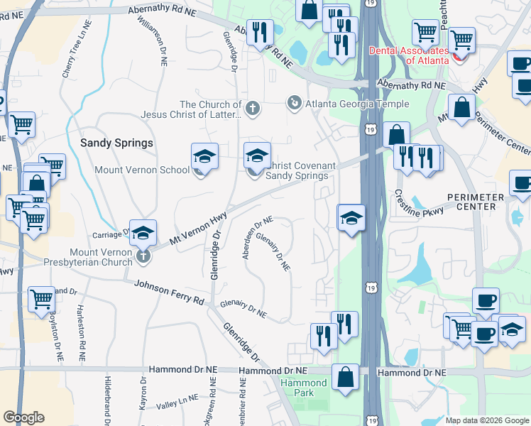 map of restaurants, bars, coffee shops, grocery stores, and more near 6300 Aberdeen Drive Northeast in Atlanta
