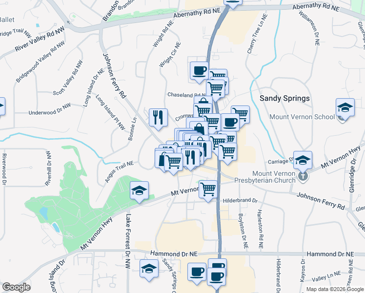 map of restaurants, bars, coffee shops, grocery stores, and more near 280 Sandy Springs Circle in Sandy Springs
