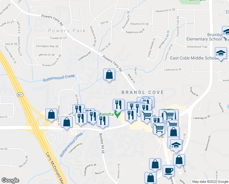 map of restaurants, bars, coffee shops, grocery stores, and more near 107 Willow Field Drive in Marietta