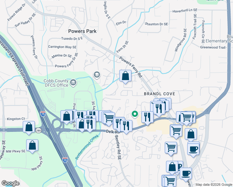 map of restaurants, bars, coffee shops, grocery stores, and more near 602 Ivy Green Lane Southeast in Marietta