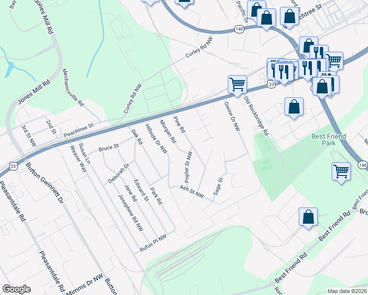 map of restaurants, bars, coffee shops, grocery stores, and more near 3511 Morgan Road in Atlanta