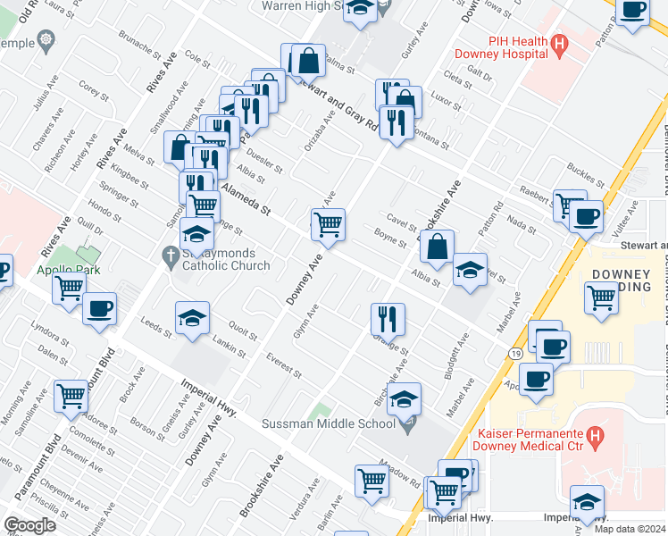 map of restaurants, bars, coffee shops, grocery stores, and more near 12221 Glynn Avenue in Downey