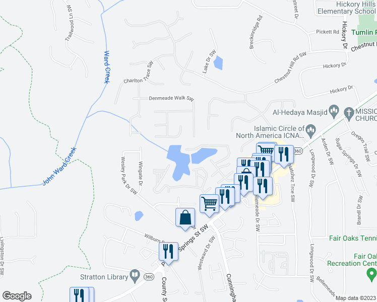 map of restaurants, bars, coffee shops, grocery stores, and more near 732 Reeves Lake Drive Southwest in Marietta