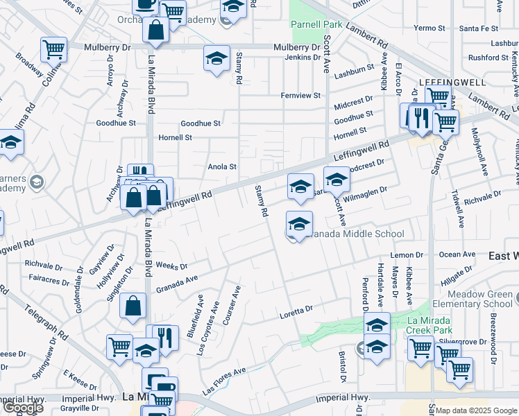 map of restaurants, bars, coffee shops, grocery stores, and more near 11609 Stamy Road in La Mirada