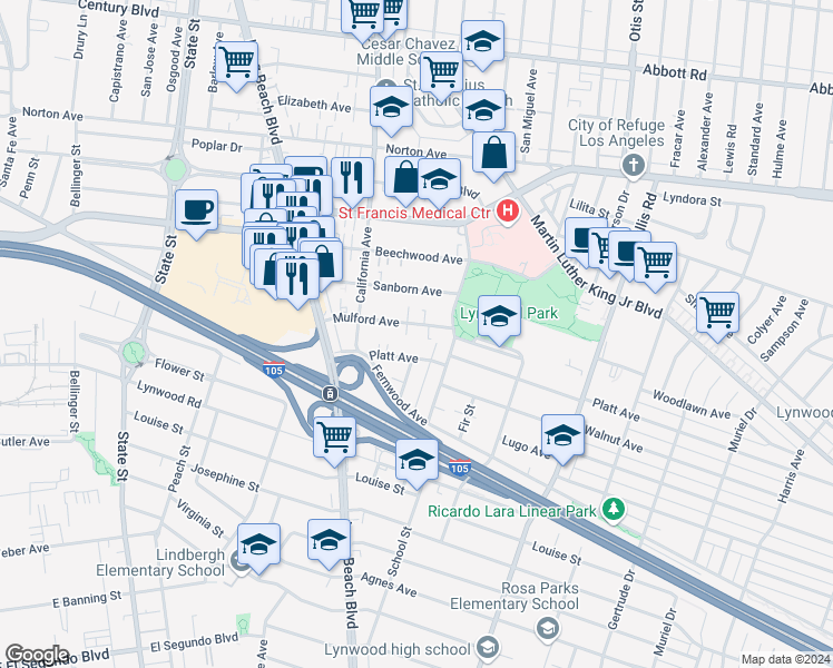 map of restaurants, bars, coffee shops, grocery stores, and more near 3566 Mulford Avenue in Lynwood