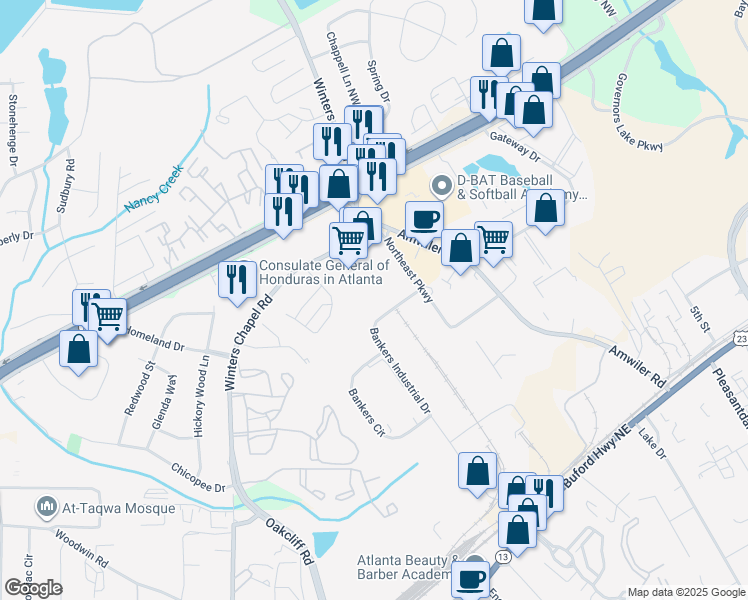 map of restaurants, bars, coffee shops, grocery stores, and more near 3029 Bankers Industrial Drive in Atlanta