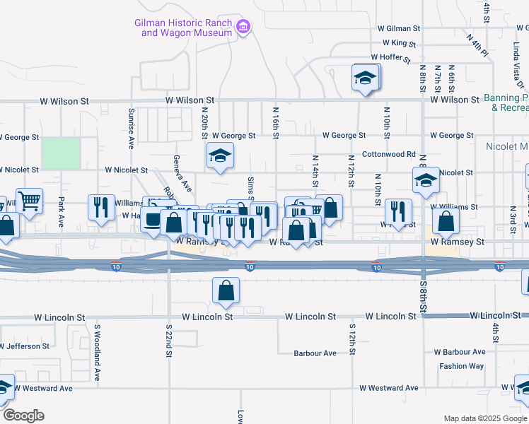 map of restaurants, bars, coffee shops, grocery stores, and more near 1668 West Williams Street in Banning