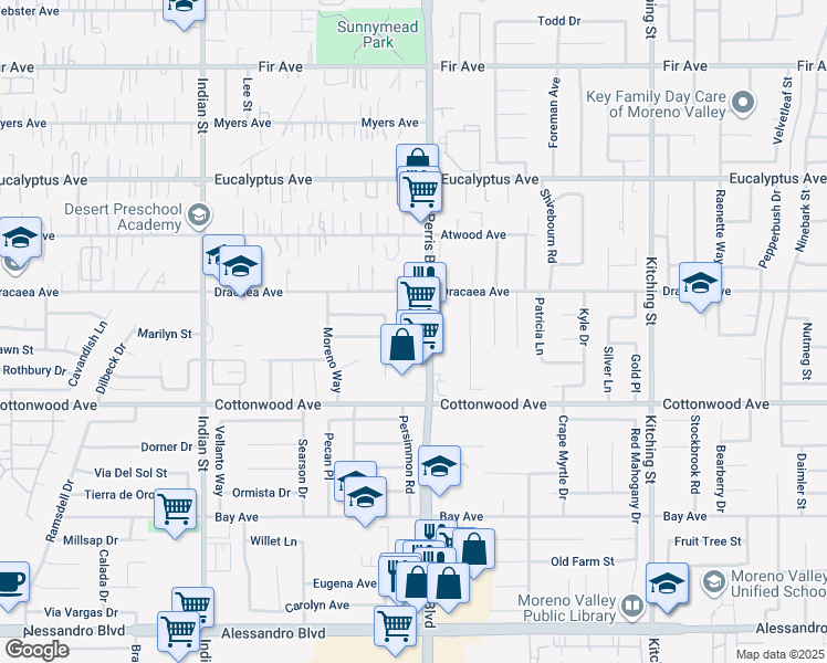 map of restaurants, bars, coffee shops, grocery stores, and more near 13373 Perris Boulevard in Moreno Valley