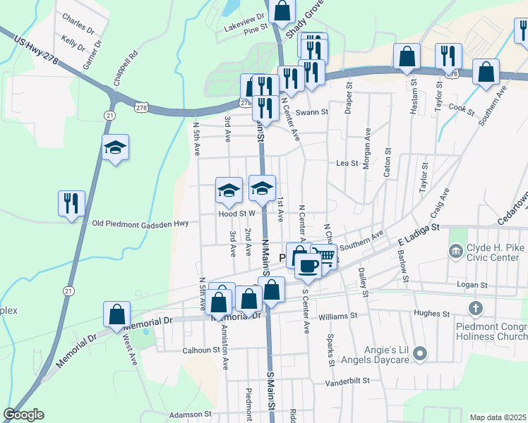 map of restaurants, bars, coffee shops, grocery stores, and more near 401 North Main Street in Piedmont