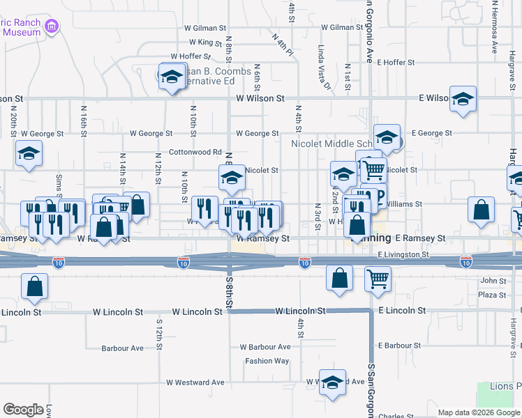 map of restaurants, bars, coffee shops, grocery stores, and more near 610 West Williams Street in Banning
