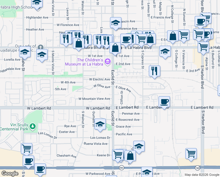map of restaurants, bars, coffee shops, grocery stores, and more near 501 South Euclid Street in La Habra