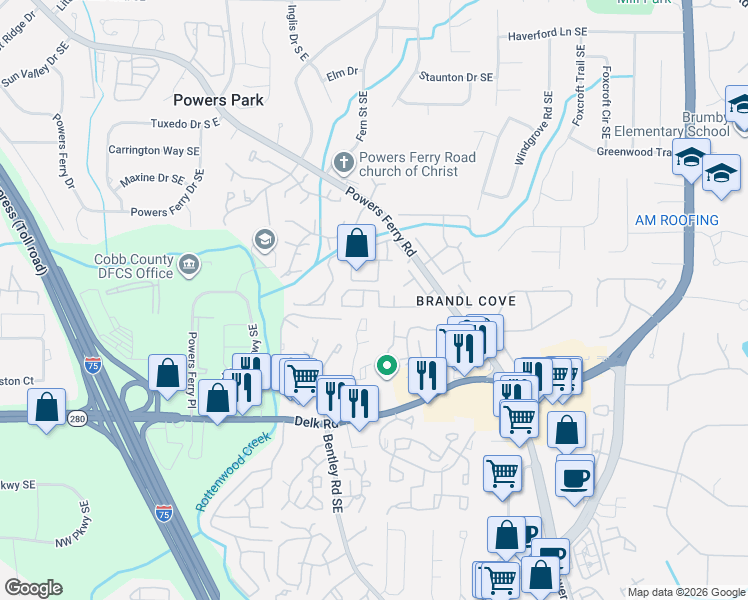 map of restaurants, bars, coffee shops, grocery stores, and more near 107 Willow Field Drive in Marietta