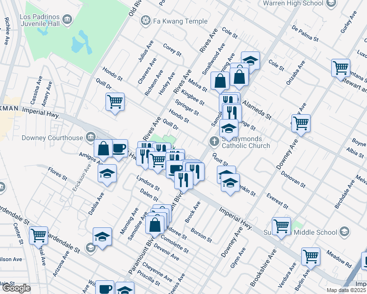 map of restaurants, bars, coffee shops, grocery stores, and more near 12428 Morning Avenue in Downey
