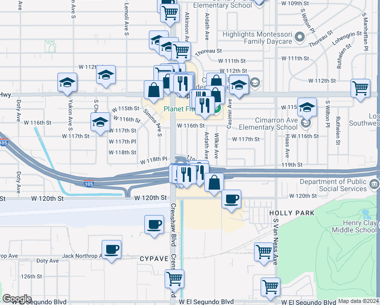 map of restaurants, bars, coffee shops, grocery stores, and more near 11804 Atkinson Avenue in Hawthorne