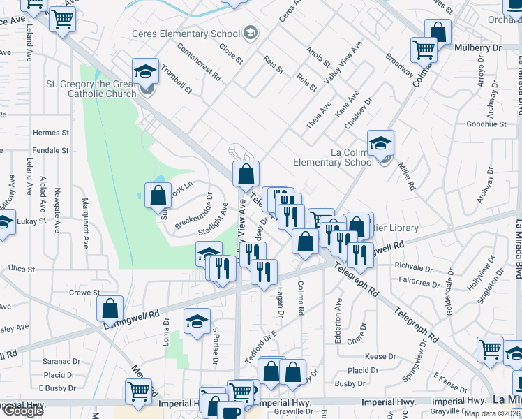 map of restaurants, bars, coffee shops, grocery stores, and more near 14250 Telegraph Road in Whittier