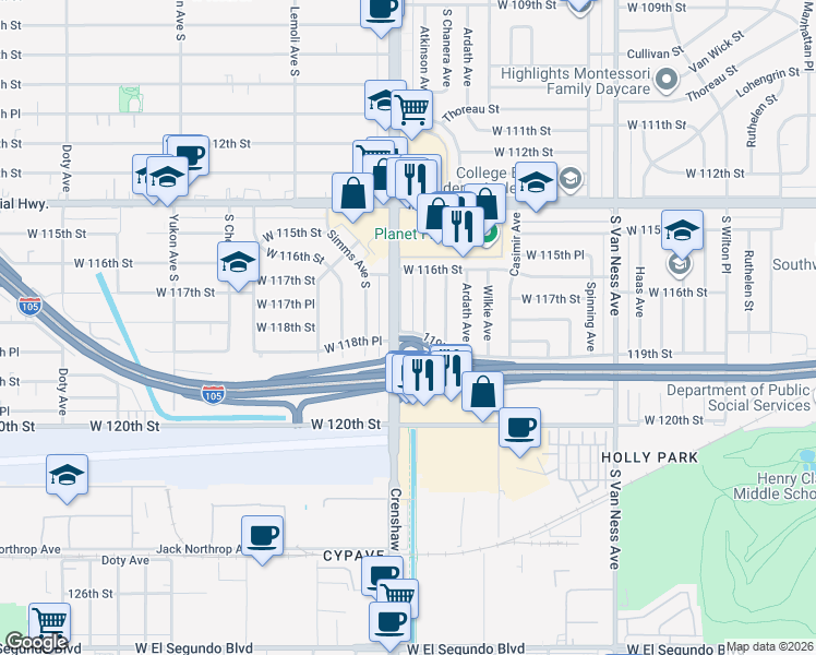 map of restaurants, bars, coffee shops, grocery stores, and more near 11726 South Crenshaw Bl in Inglewood
