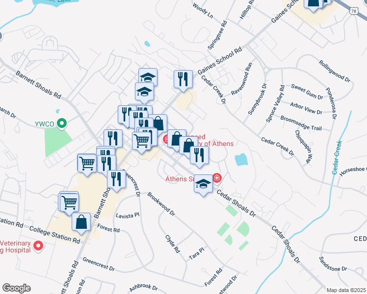 map of restaurants, bars, coffee shops, grocery stores, and more near 135 Barrington Drive in Athens