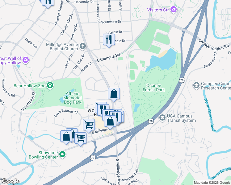 map of restaurants, bars, coffee shops, grocery stores, and more near 1905 South Milledge Avenue in Athens
