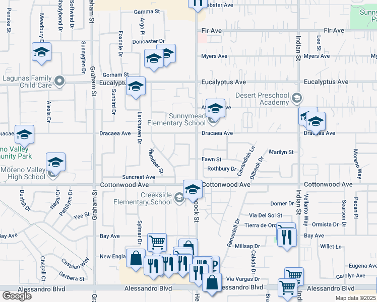 map of restaurants, bars, coffee shops, grocery stores, and more near 3363 Running Horse Drive in Moreno Valley